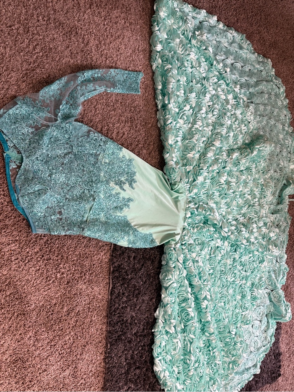Aqua Lace Applique Floral Ball Gown Dress